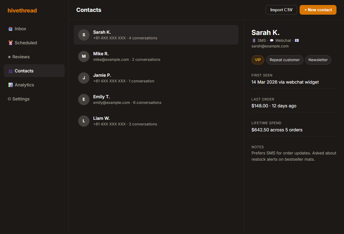 Contact panel with tags, custom fields, and conversation history