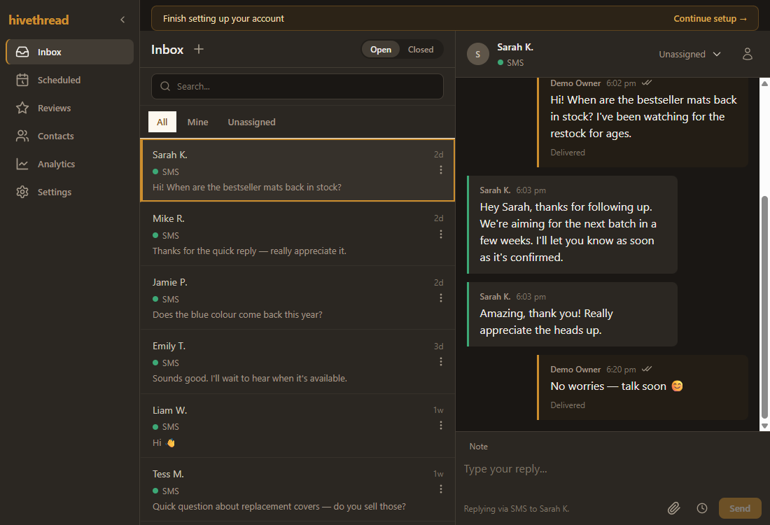 HiveThread inbox UI showing conversations from multiple channels