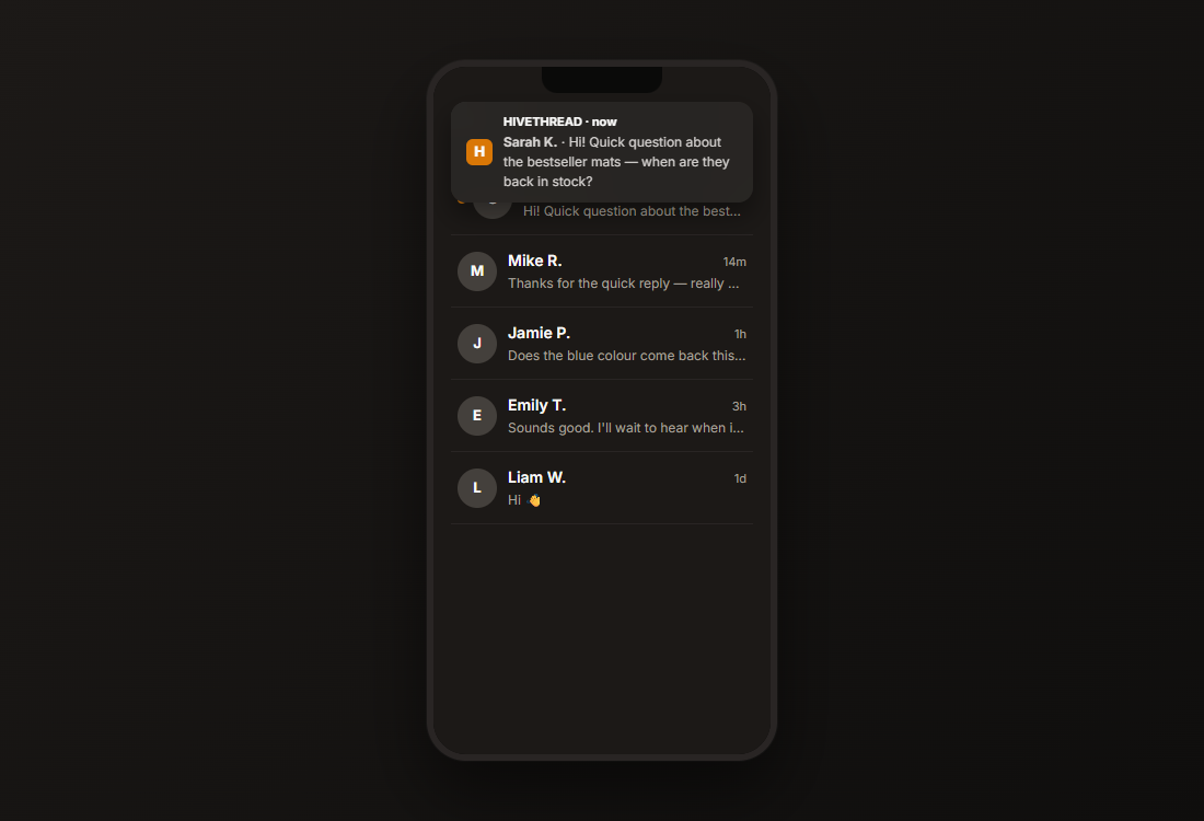 HiveThread mobile PWA on a phone screen showing the inbox