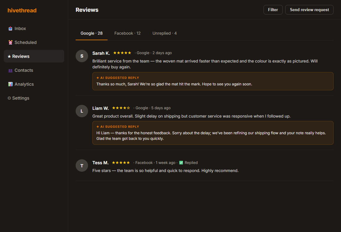 Reviews tab with Google and Facebook reviews and AI-suggested replies